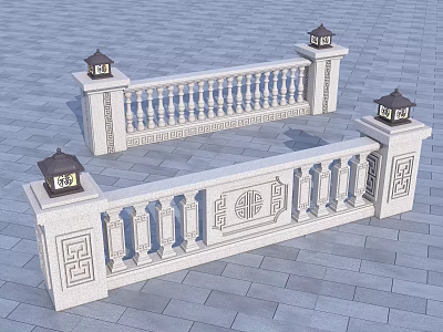 Stone Balustrade With Carved Patterns And Traditional Lanterns On Paved Ground 3d model