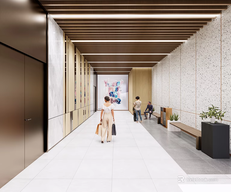 Modern Elevator Lobby With People Walking White Tiles Linear Lights Artwork Bench And Green Plants 3d model 