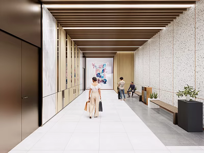 Modern Elevator Lobby With People Walking White Tiles Linear Lights Artwork Bench And Green Plants 3d model