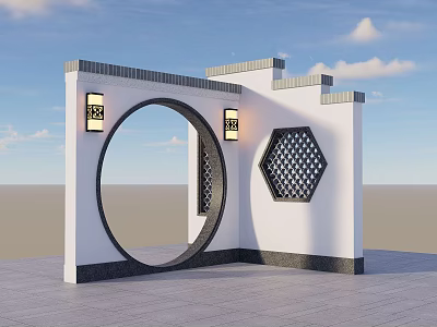 Chinese Garden Wall Design With Circular Arch Hexagonal Lattice And Traditional Lanterns 3d model