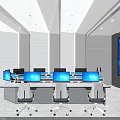 Sleek Spacious Modern Public Office Area With Large Digital Display And Multiple Computer Workstations