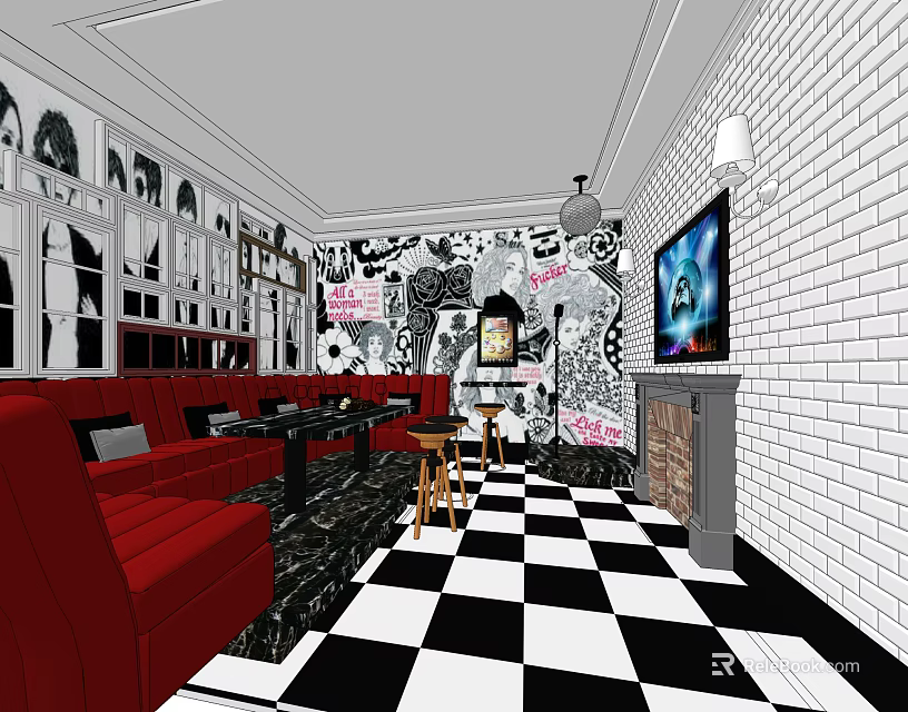 KTV Interior With Red Sofas Black White Checkered Floor Wall Posters and TV 3d model 
