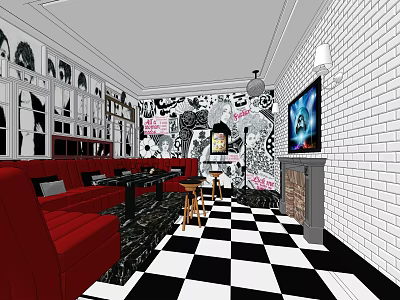 KTV Interior With Red Sofas Black White Checkered Floor Wall Posters and TV 3d model