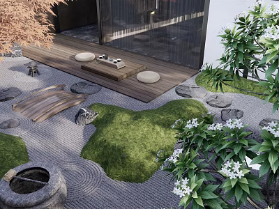 Japanese Zen Garden With Rockery Stones Moss Sand And Wooden Platform 3d model