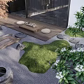 Japanese Zen Garden With Rockery Stones Moss Sand And Wooden Platform