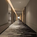 Modern Hotel Corridor Interior With Soft Lighting Patterned Carpet And Light Colored Walls