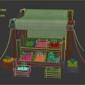 Fresh Fruits and Vegetables Displayed at Wooden Market Stall with Price Signs and Crates