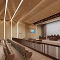 Modern Courtroom Interior With Wooden Walls Seats Judge's Bench National Emblem And Display Screen