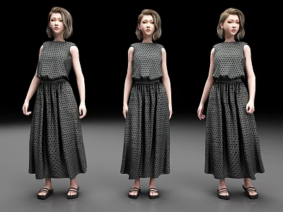 3D Female Character Models In Patterned Sleeveless Long Dress With Sandals On Gray Background 3d model