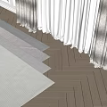 Gray Textured Square Rug On Herringbone Wooden Floor With White Curtains