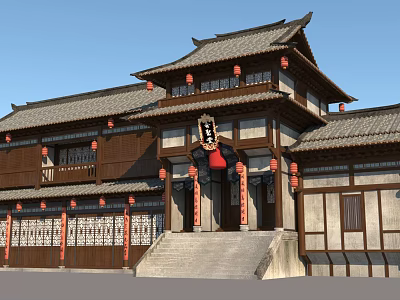 Traditional Chinese Ancient Architecture with Overhanging Eaves Tiled Roof Red Lanterns and Wooden Structure 3d model