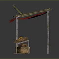 Shabby Street Vendor Stall With Wooden Structure Red Cloth And Goods Boxes