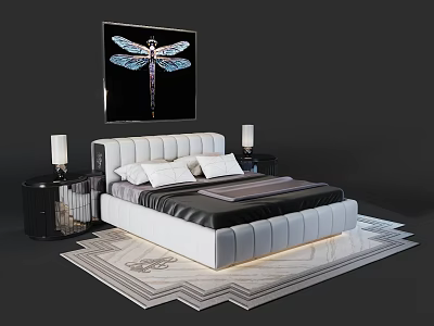 Luxury Modern Double Bed with White Headboard Black Nightstands Table Lamps and Decorative Painting 3d model
