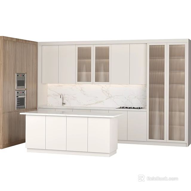 Modern Kitchen With White Cabinets Glass Door Island And Marble Countertop 3d model 