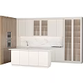 Modern Kitchen With White Cabinets Glass Door Island And Marble Countertop