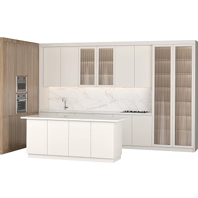 Modern Kitchen With White Cabinets Glass Door Island And Marble Countertop 3d model