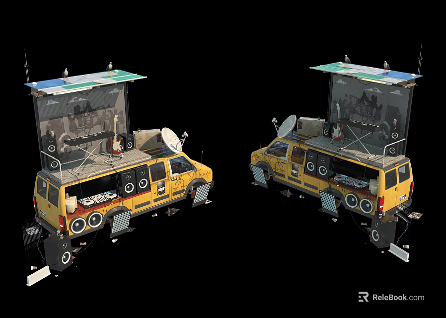 Yellow Modified Car With Satellite Dish And Roof Mounted Equipment 3d model 