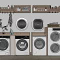 Collection Of Modern Washing Machines Featuring Sleek Bodies Digital Displays And Decorative Shelves