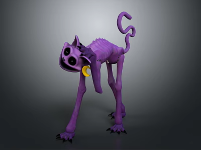Purple Skeleton Cat Creature Fantasy Character with Big Eyes Long Tail Yellow Bell Black Claws 3d model