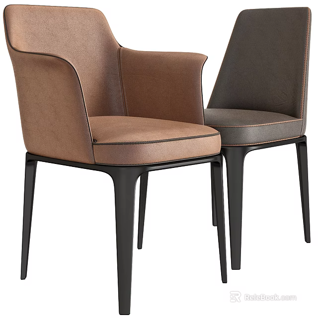 Modern Leather Dining Chairs with Brown Dark Gray Upholstery and Black Legs 3d model 