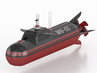 Black and Red Striped Military Submarine WJS-01 With Antennas And Rear Propeller 3d model
