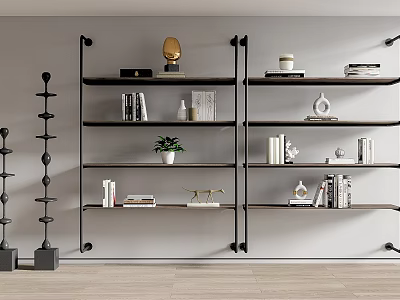 Modern Sleek Bookcase With Metal Frame Wooden Shelves And Decorative Items Including Books Gold Sculpture 3d model