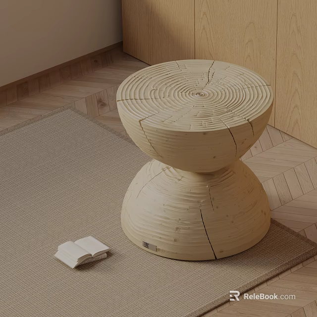 Natural Wood Grain Side Table In Tree Stump Shape With Open Book On Rug 3d model 