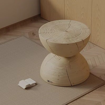 Natural Wood Grain Side Table In Tree Stump Shape With Open Book On Rug 3d model