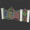 Symmetrical Ornate Iron Gate With Carved Panels And White Stone Pillars