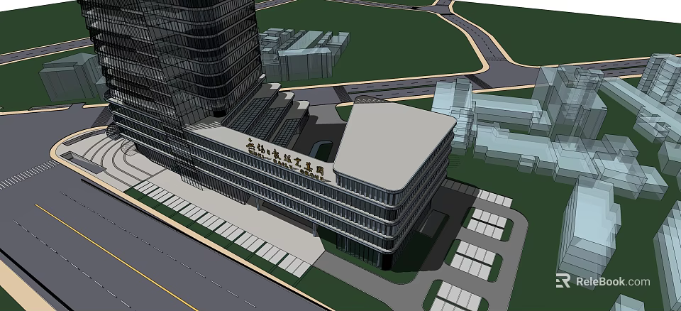 Modern Office Building With Glass Facade Exterior And Surrounding Parking Area 3d model 