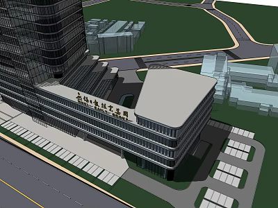 Modern Office Building With Glass Facade Exterior And Surrounding Parking Area 3d model
