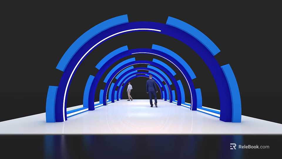 Illuminated Blue and White Curved Event Passage With People Walking Inside 3d model 