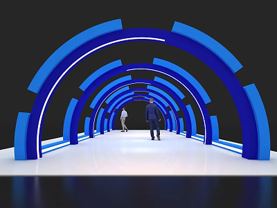 Illuminated Blue and White Curved Event Passage With People Walking Inside 3d model