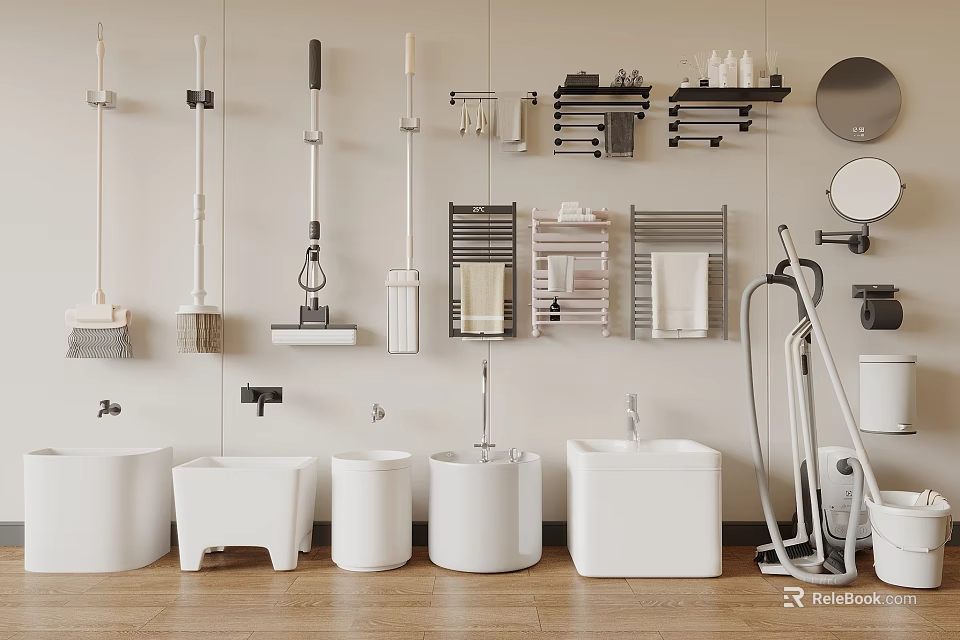 Bathroom Accessories Display White Toilets Sinks Wall Mounted Racks Mirrors And Cleaning Tools 3d model 