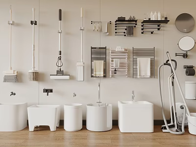 Bathroom Accessories Display White Toilets Sinks Wall Mounted Racks Mirrors And Cleaning Tools 3d model