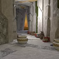 Interior Corridor With Stone Pillars Ceramic Jars Green Plant Wall And Marble Floor