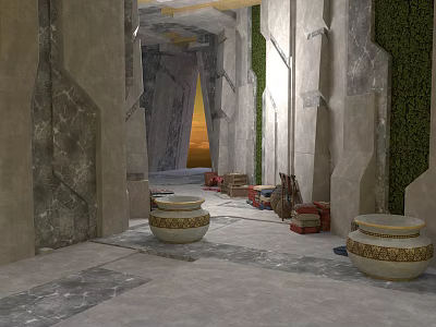 Interior Corridor With Stone Pillars Ceramic Jars Green Plant Wall And Marble Floor 3d model