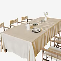 Dining Table Set with Wooden Chairs Beige Tablecloth and Tableware Including Vase Kettle Plates Glasses