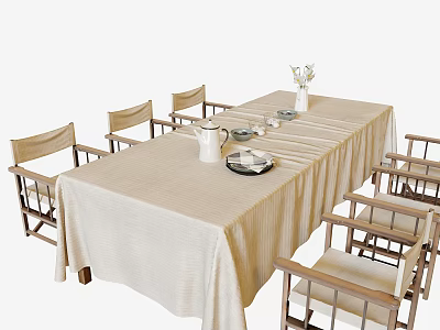 Dining Table Set with Wooden Chairs Beige Tablecloth and Tableware Including Vase Kettle Plates Glasses 3d model