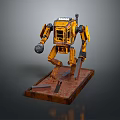 Yellow Robot Model Standing on Rusty Base With Mechanical Arm Holding Ball 3d model