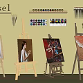 Art Supplies Display With Wooden Easels Paint Brushes Colorful Palettes And Canvas Paintings