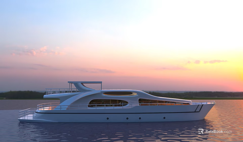 Modern Luxury Yacht With Spacious Decks On Water At Sunset 3d model 