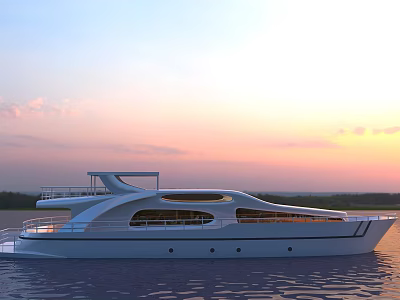 Modern Luxury Yacht With Spacious Decks On Water At Sunset 3d model