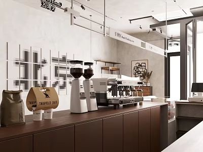 Modern Cafe Counter With Coffee Machine Brown Cabinets Coffee Bags And Paper Bag 3d model