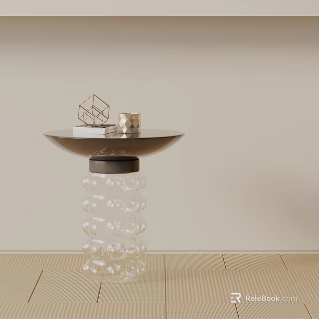 Modern Side Table with Black Top and Transparent Bubble Glass Base and Decorative Items 3d model 