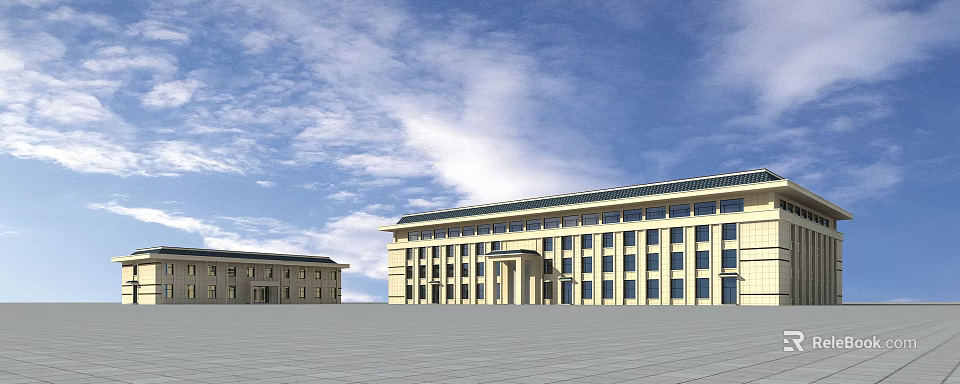 Large Modern Building Exterior With Wide Plaza And Blue Sky White Clouds 3d model 
