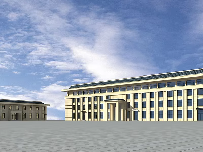 Large Modern Building Exterior With Wide Plaza And Blue Sky White Clouds 3d model