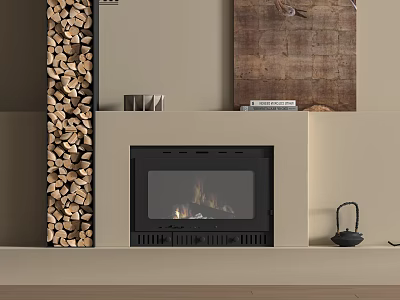 Modern Fireplace With Stacked Firewood Decorative Painting And Items On Light-Colored Wall Shelf 3d model
