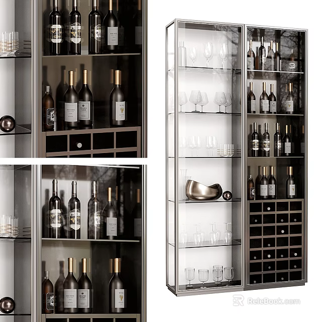 Modern Wine Cabinet Interior With Glass Doors Wine Bottles And Wine Glasses 3d model 