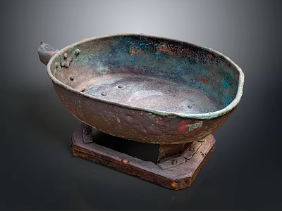 Antique Rusted Bronze Oval Vessel With Three Legs And Wooden Base 3d model